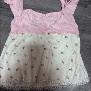 Pink and Cream Floral Lace Trim Top